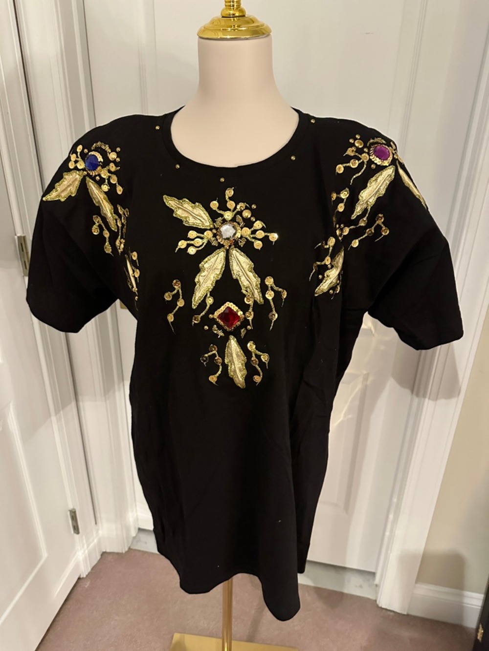 Black Short Sleeve Top with Gold Embellished Appliqué
